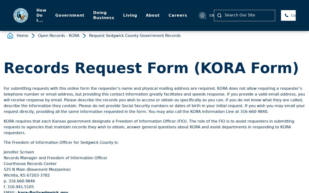 Wichita residents directory Sedgwick County KORA form